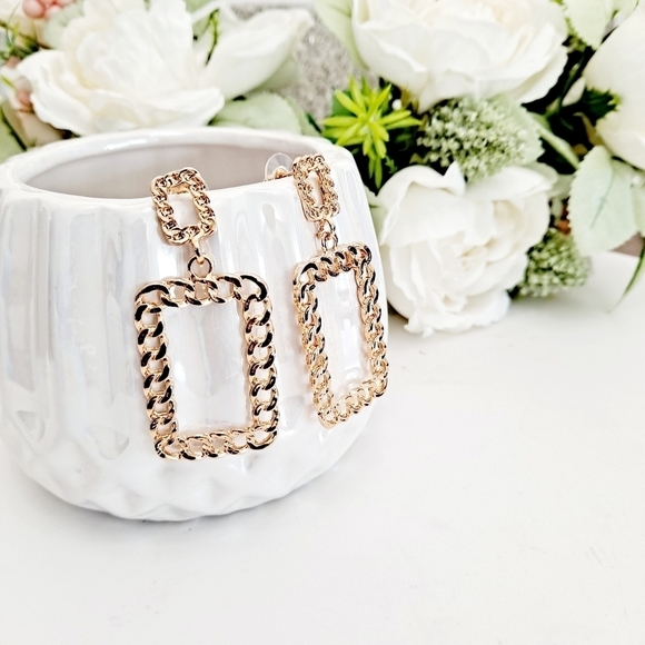 Gold Statement Earrings Metallic chunky chain link‎ square Retro💖2/$30 - Picture 11 of 13